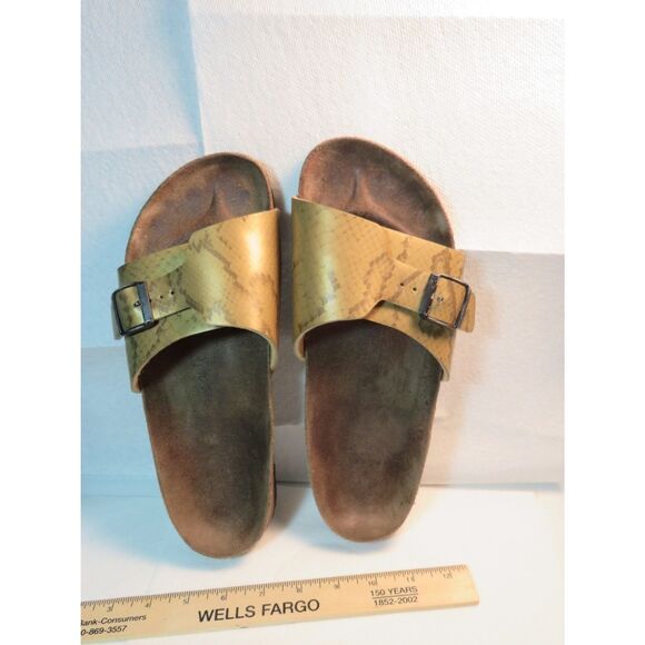 Size 41 Eu or 10 USA Birkis Golden snake skin print Leather sandals lightly used - Picture 1 of 12